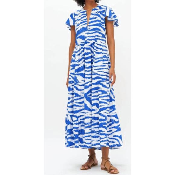 OLIPHANT Dipsy V-Neck Maxi Dress Small Singita Blue White Tiered Flutter Sleeve - Picture 3 of 12